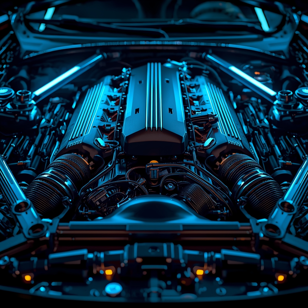 A high tech futuristic car engine bay with blue neon lights, metallic pipes, complex machinery, macro shot, hyperrealistic --no woman